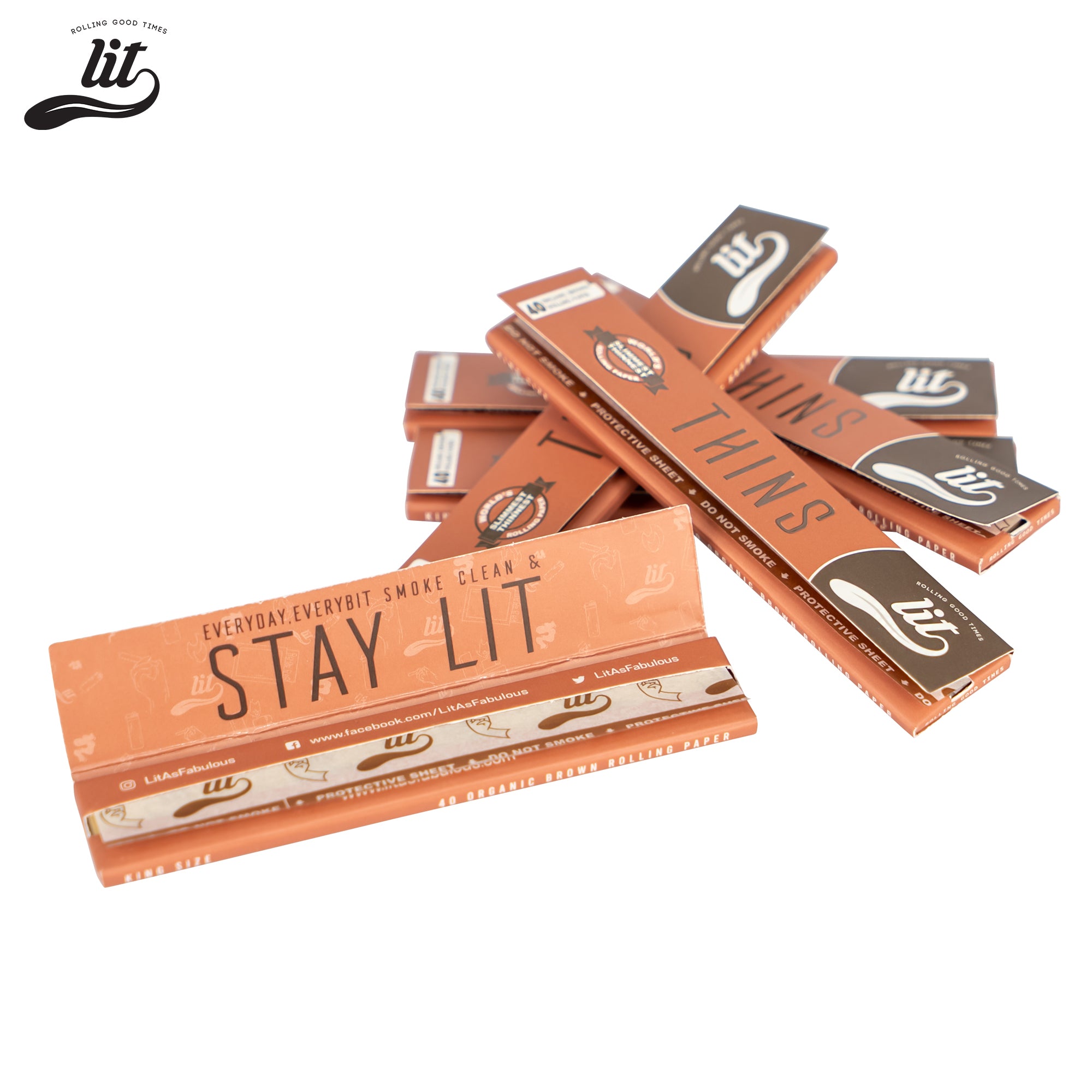 LIT Thins Slim King Size rolling paper booklets stacked - set of 5 organic booklets with 40 leaves each.